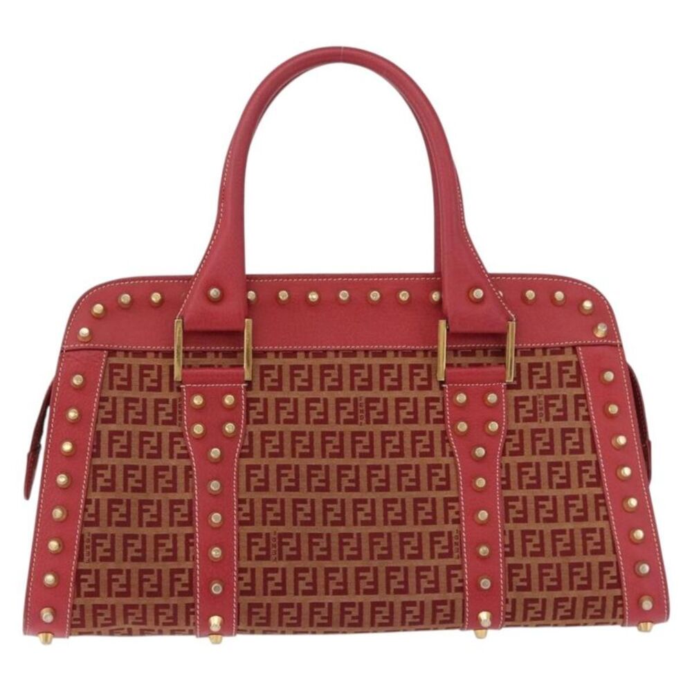 Fendi Studded Handle Canvas Red Canvas Handbag